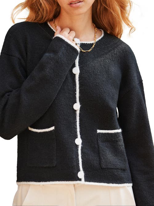 Ro&zo Long Sleeve Crew Neck Contrast Cardigan In Black