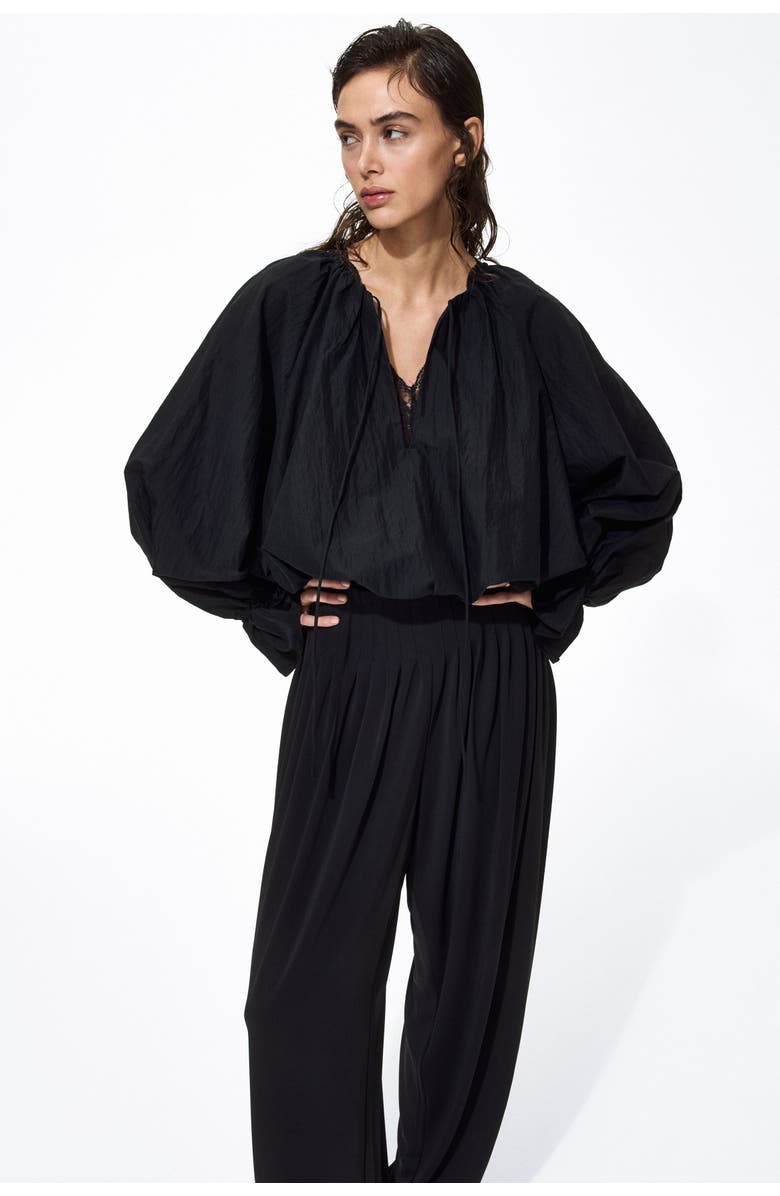 H&M Pleated Barrel-leg Trousers, Alternate, color, Black