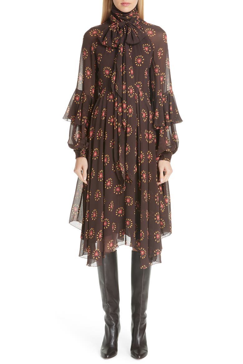 Ruffle Sleeve Print Silk Dress, Main, color, BROWN