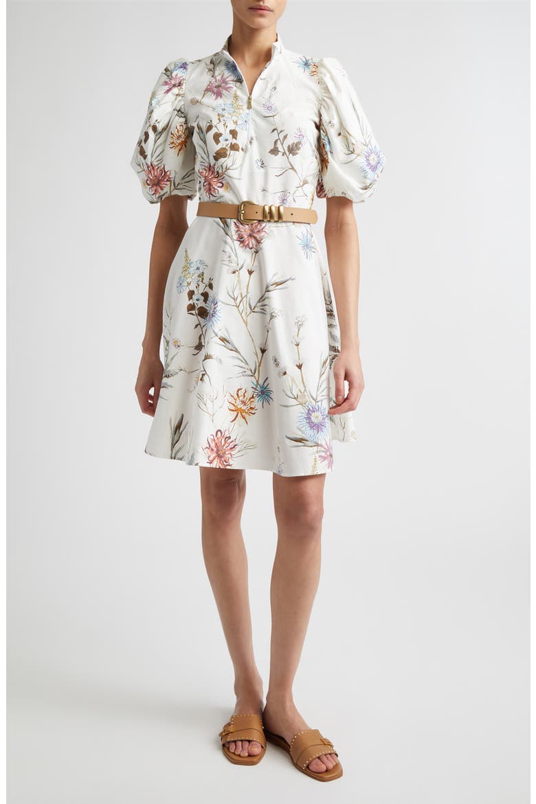 Floral Puff Sleeve Cotton Poplin Dress, Alternate, color, 01 WHITE