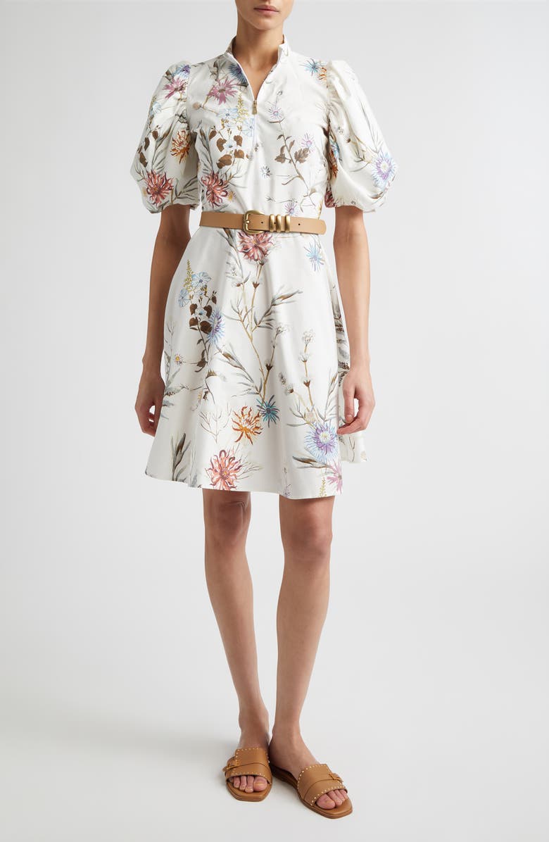 Eleventy Floral Puff Sleeve Cotton Poplin Dress, Alternate, color, 01 White