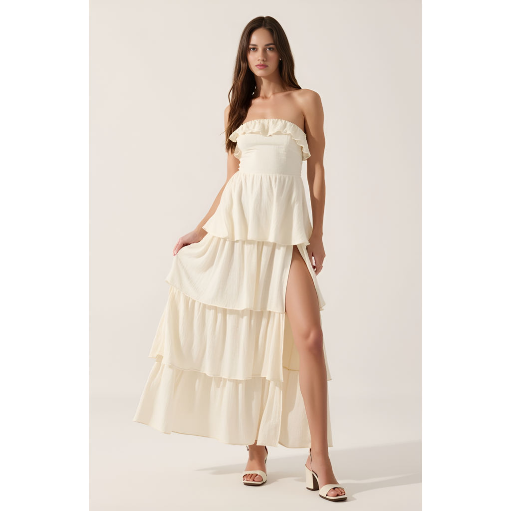 Modenaire Strapless Tiered Ruffle Maxi Dress With High Slit In Cream