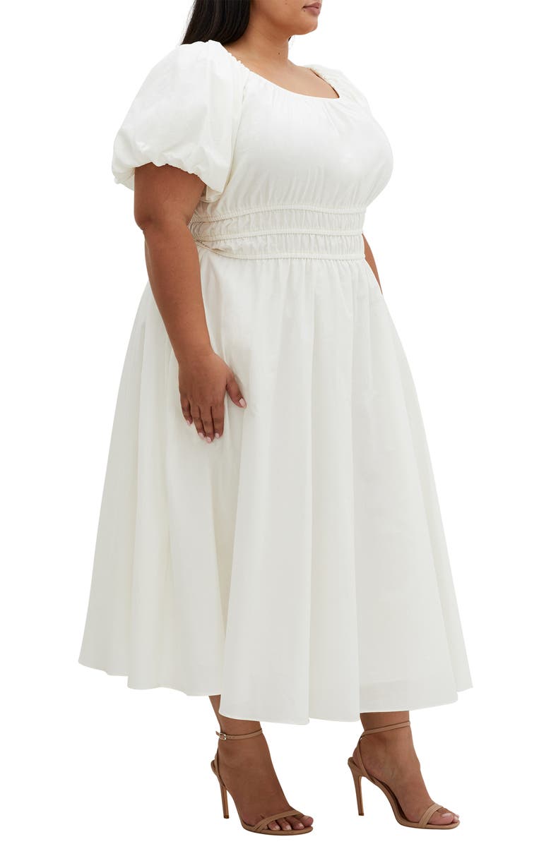 City Chic Lillian Puff Sleeve Cotton Midi Dress, Alternate, color, Butter