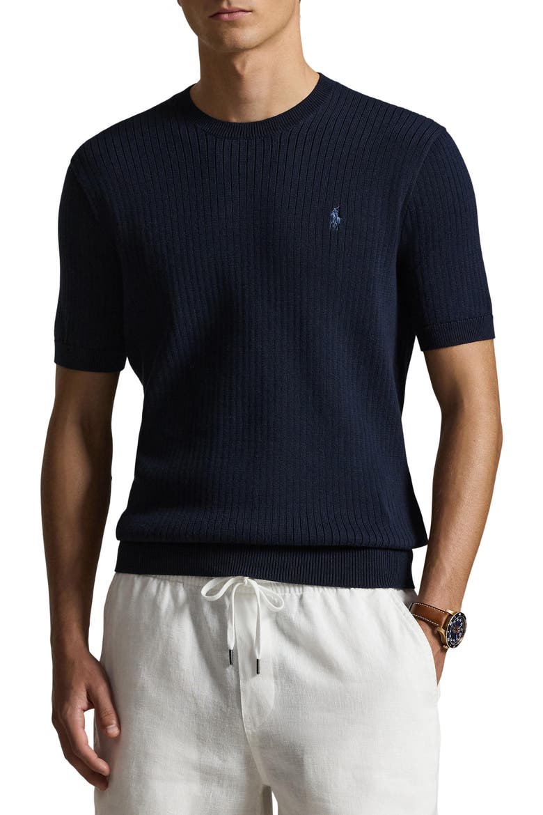 Ribbed Cotton Short Sleeve Sweater, Main, color, HUNTER NAVY
