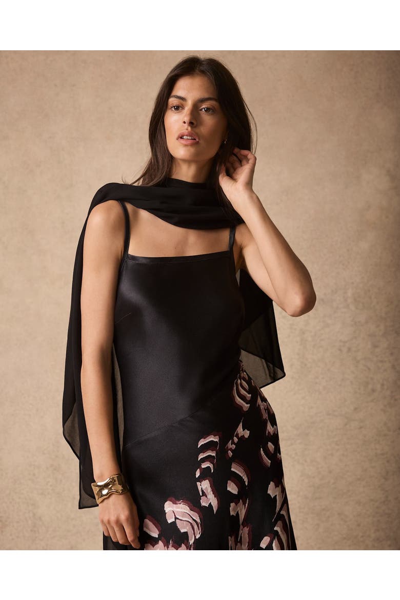 Satin Printed Cape Detail Maxi Dress, Alternate, color, Black