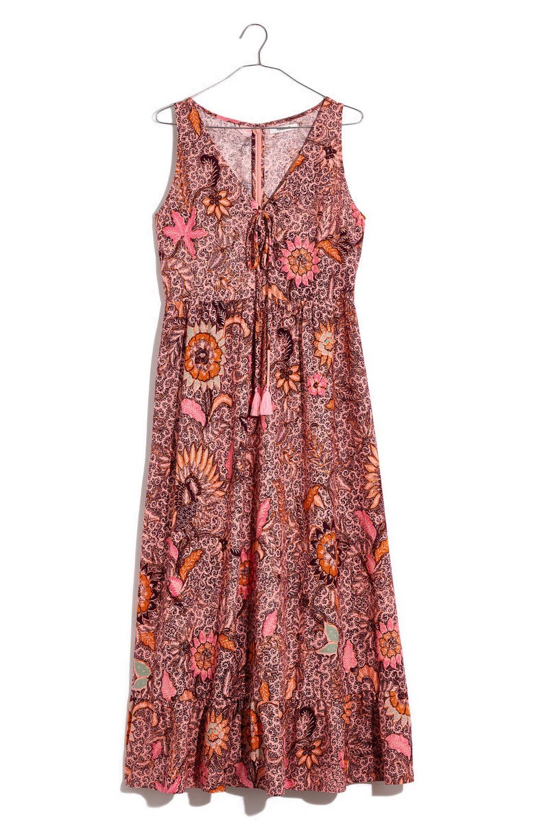 Madewell Bali Blooms Lace-Up Ruffle Hem Midi Dress, Alternate, color,