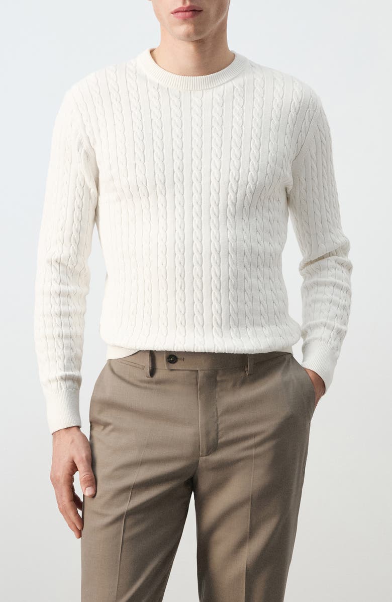 MANGO Crewneck Cable Stitch Sweater, Main, color, Off White