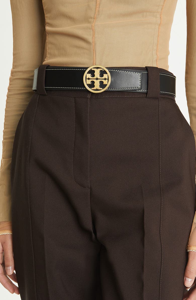 Tory Burch 1.5-Inch Miller Smooth Leather Reversible Logo Belt, Alternate, color, Black / Malt Whiskey