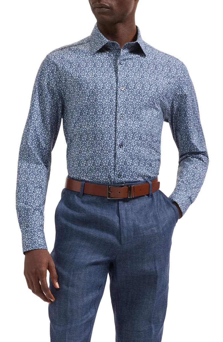 Bugatchi James OoohCotton<sup>®</sup> Daisy Print Button-Up Shirt, Main, color, Navy