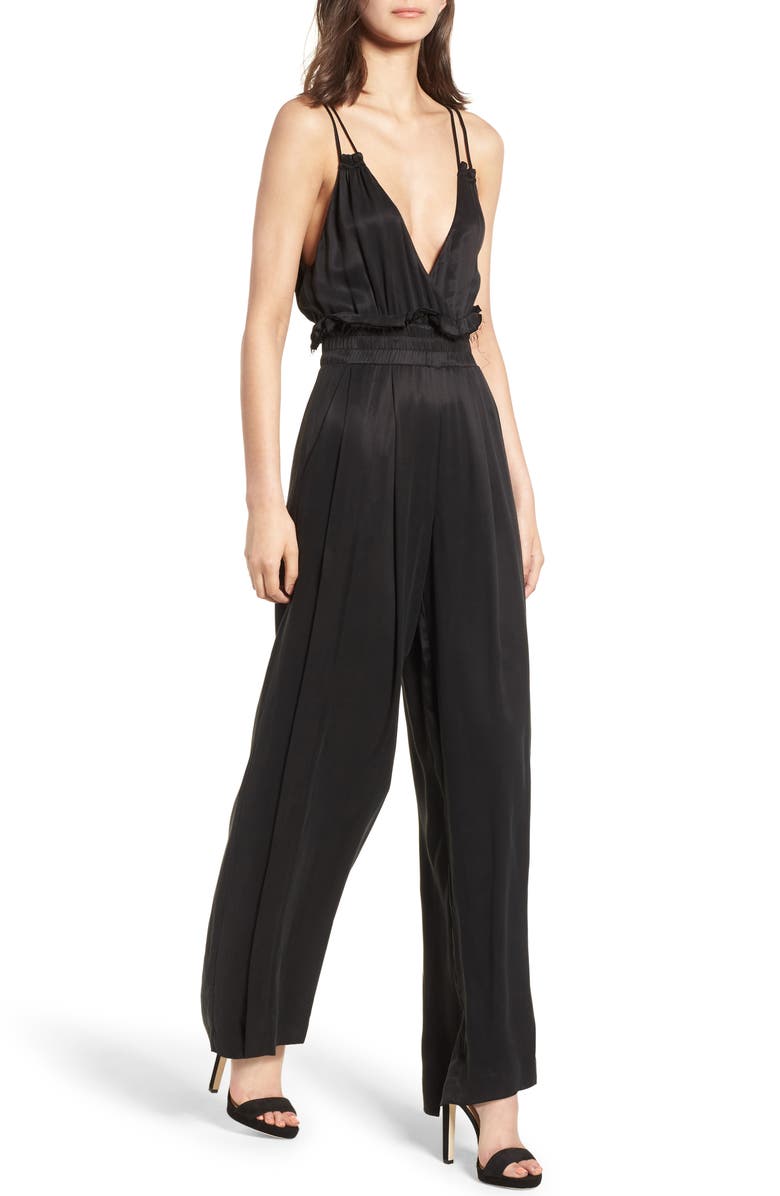 KENDALL + KYLIE Satin Paperbag Waist Jumpsuit, Main, color,