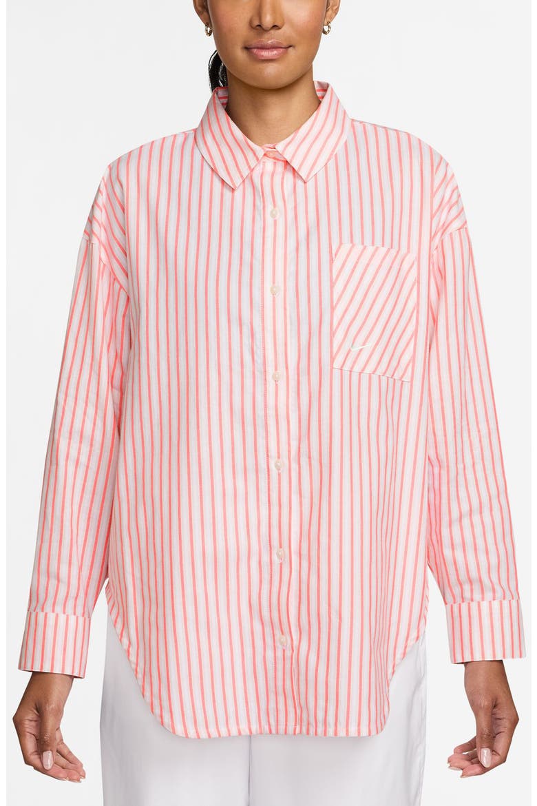 Sportswear Oversize Stripe Cotton Button-Up Shirt, Main, color, SEA CORAL/ LIGHT BONE