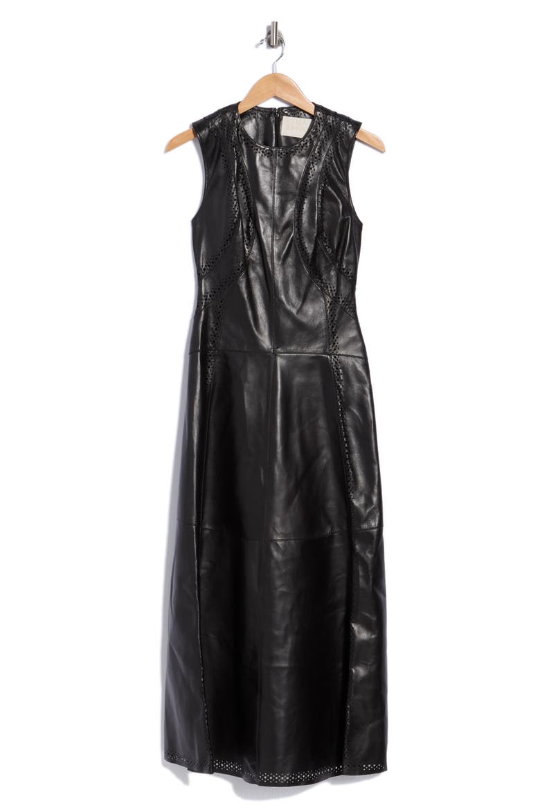Juliette Eyelet Leather Midi Dress, Main, color, NOIR