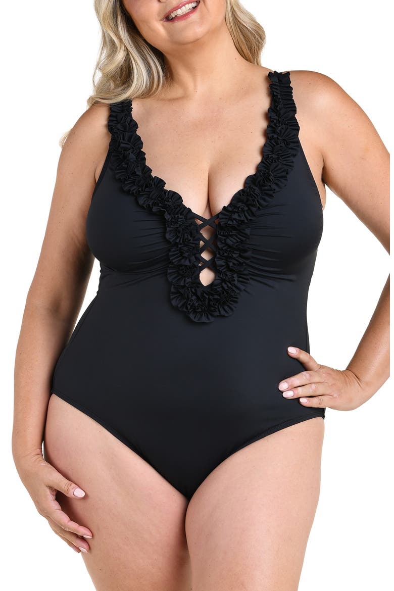 Island Plunge One-Piece Swimsuit, Main, color, BLACK