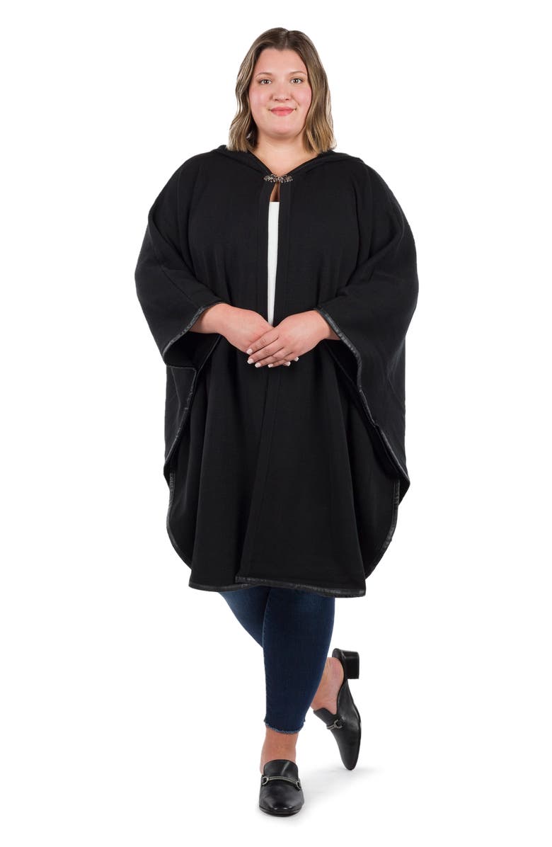 Patricia Nash Hooded Faux Leather Trim Cable Knit Cape, Alternate, color, Black