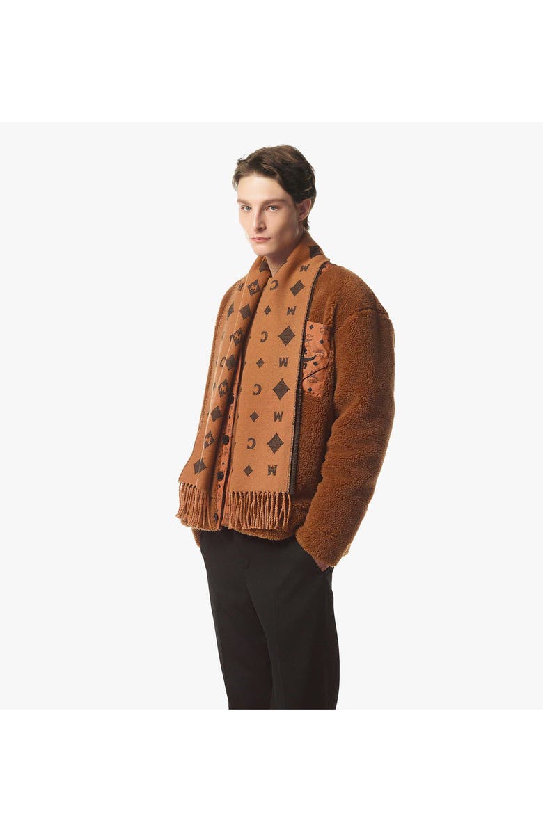 MCM Bicolor Monogram Jacquard Stole, Alternate, color, Cognac