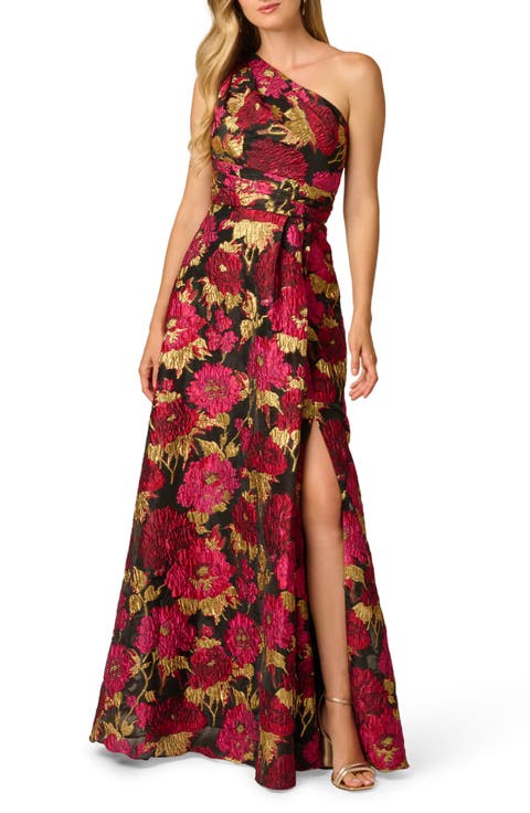 One-Shoulder Floral Jacquard Gown