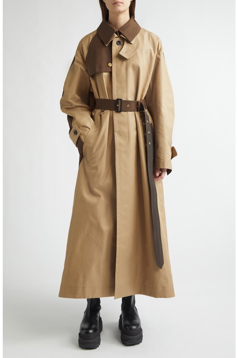 Colorblock Cotton Blend Gabardine Trench Coat, Main, color, BEIGE/ BROWN