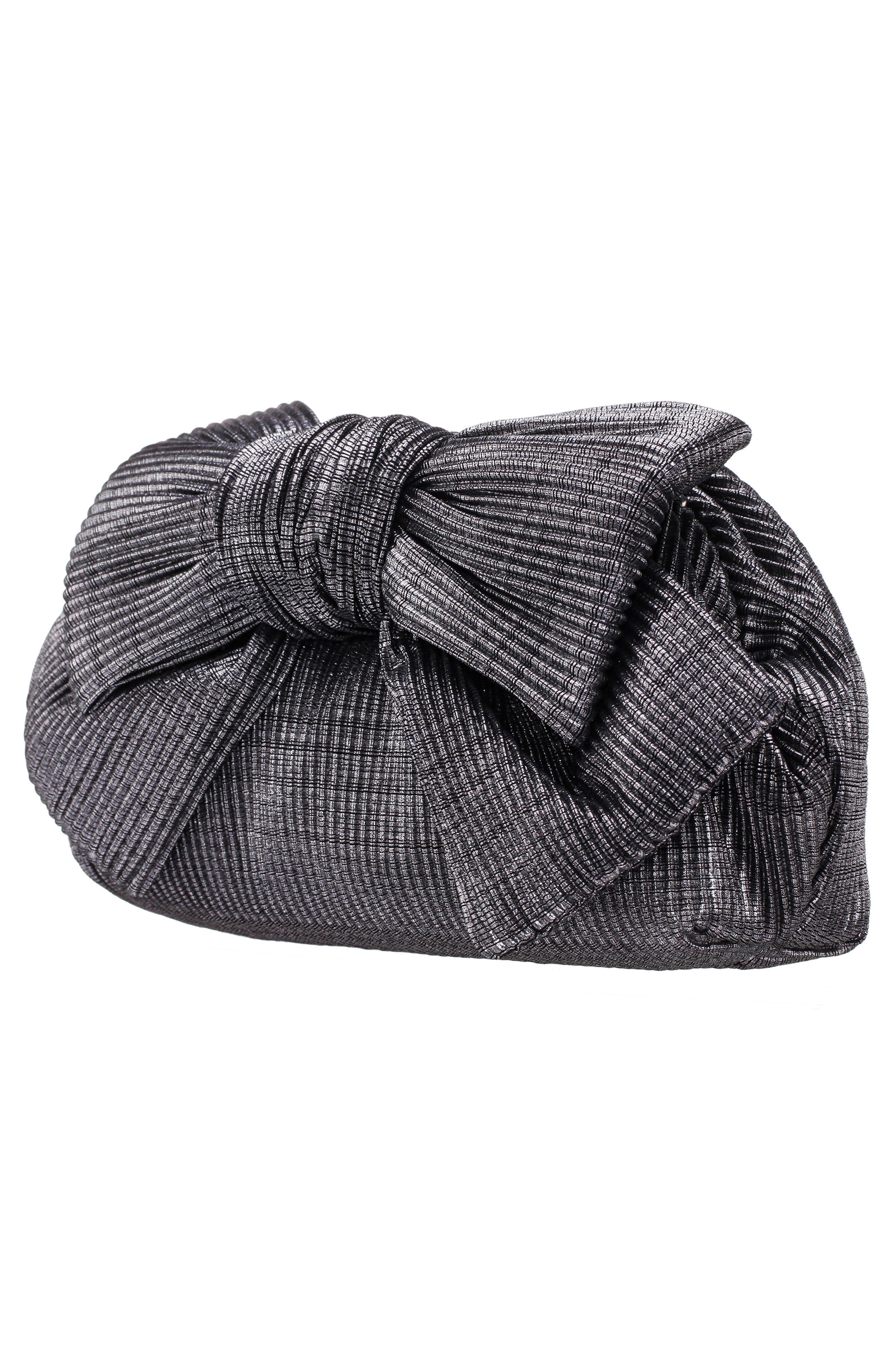 Nina Pleated Bow Clutch, Alternate, color, Gunmetal