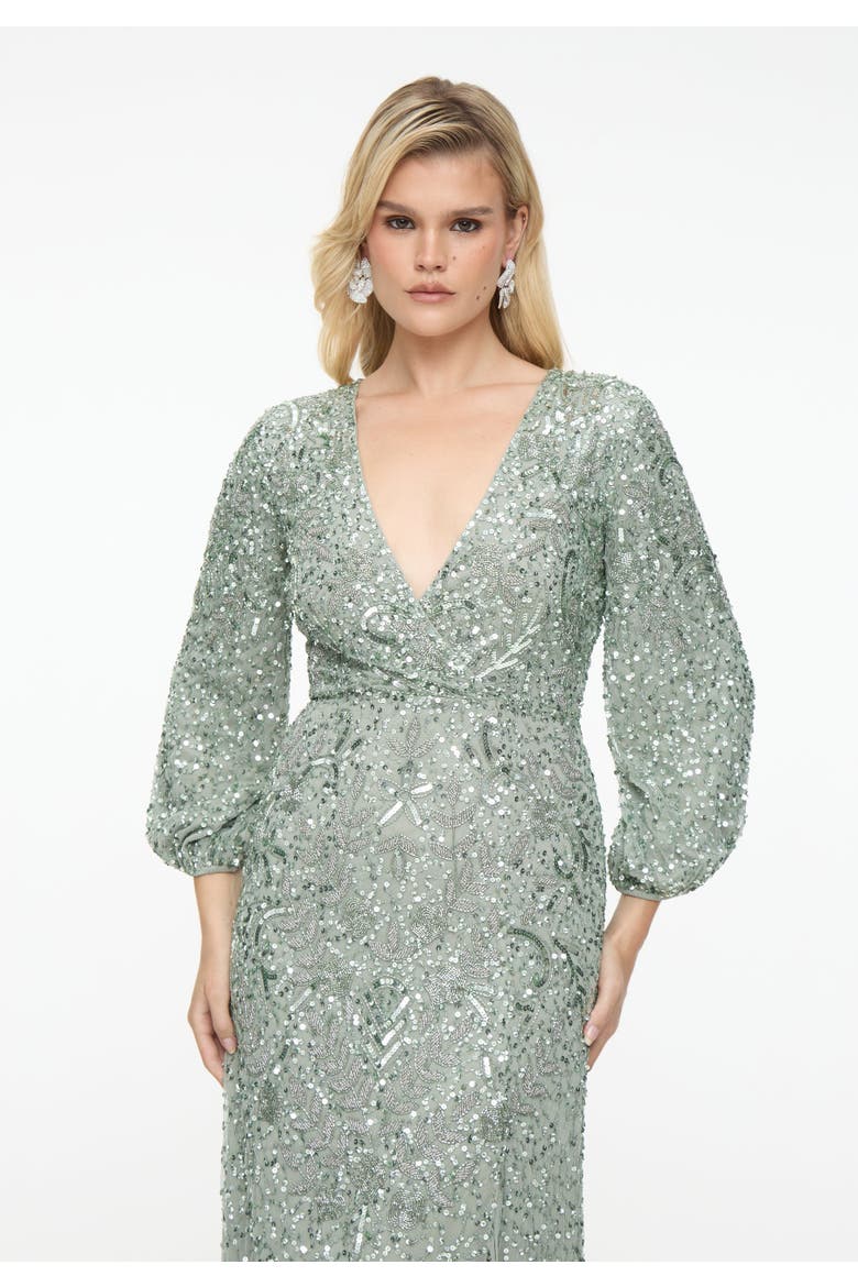 Embellished Sequin Beaded Maxi Dress With Deep V-Neck, Alternate, color, SAGE GREEN