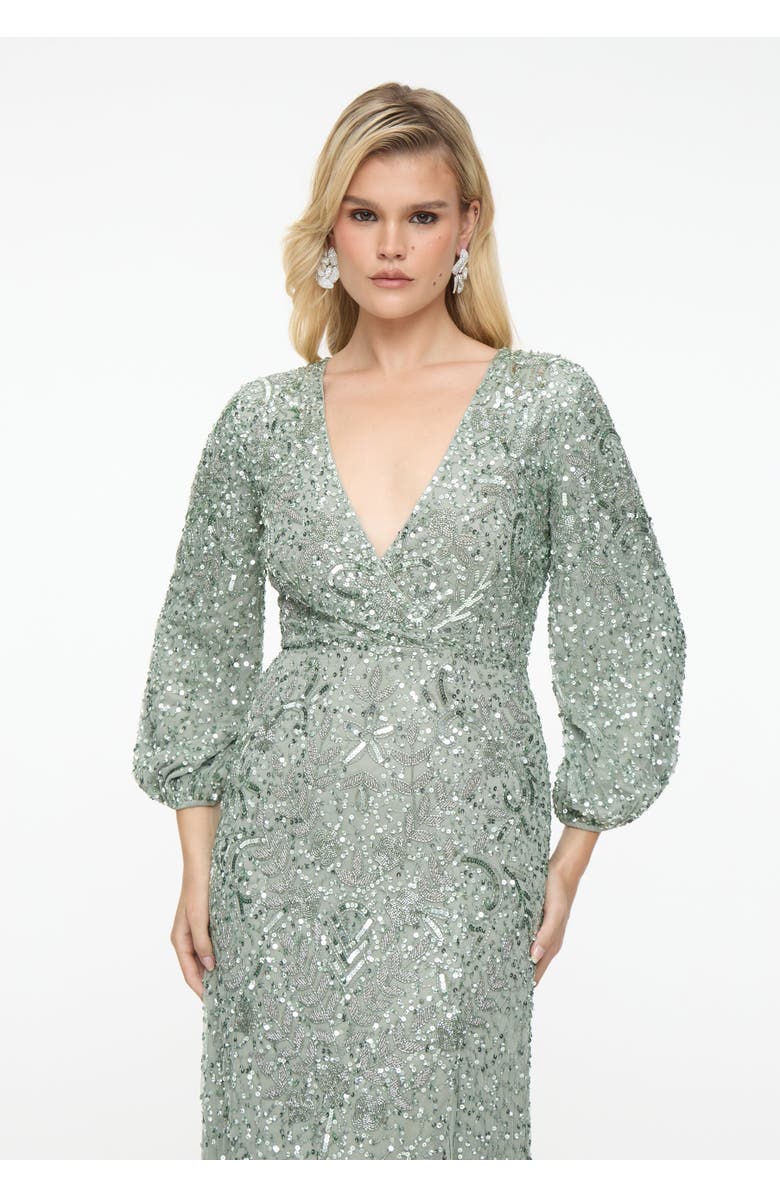 BEAUUT Embellished Sequin Beaded Maxi Dress With Deep V-Neck, Alternate, color, Sage Green