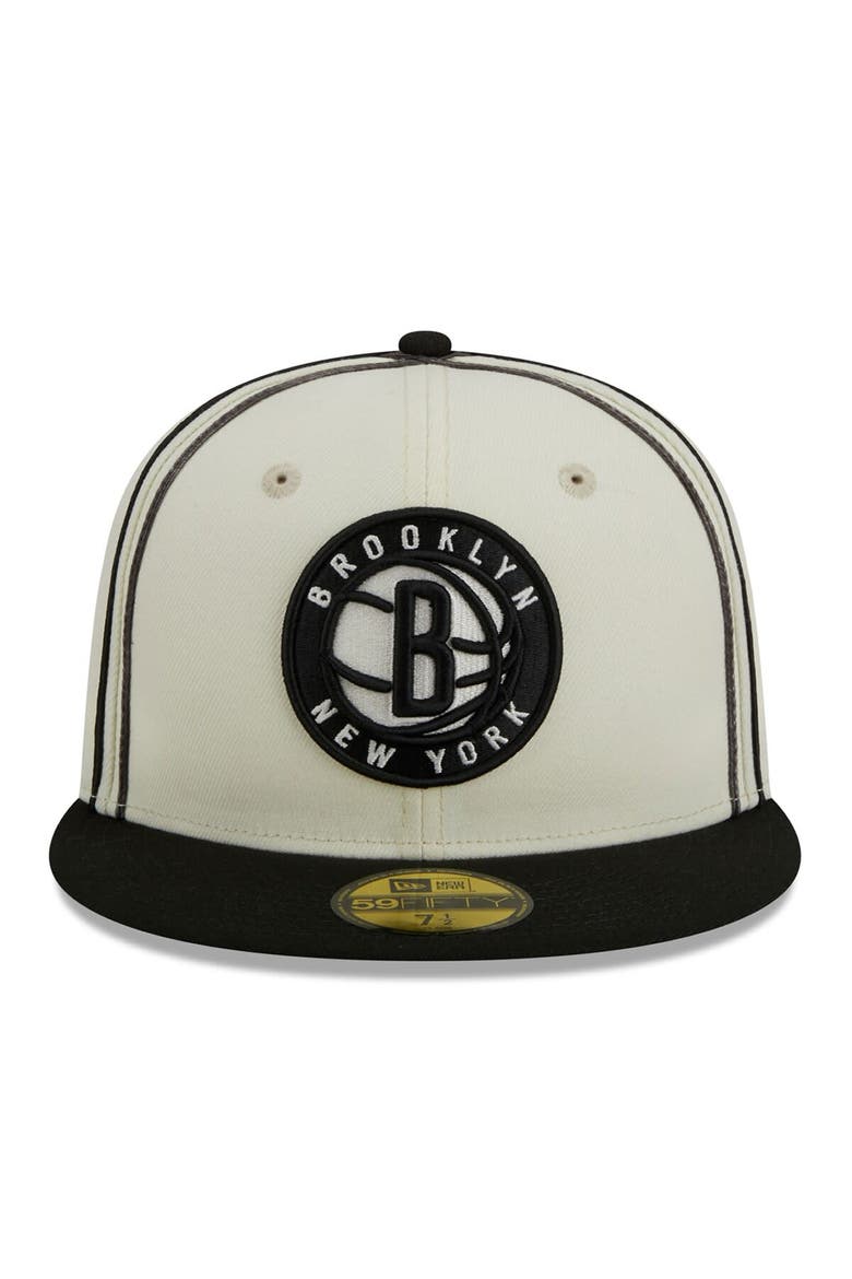 Men's New Era Cream/Black Brooklyn Nets Piping 2-Tone 59FIFTY Fitted Hat, Alternate, color, Cream