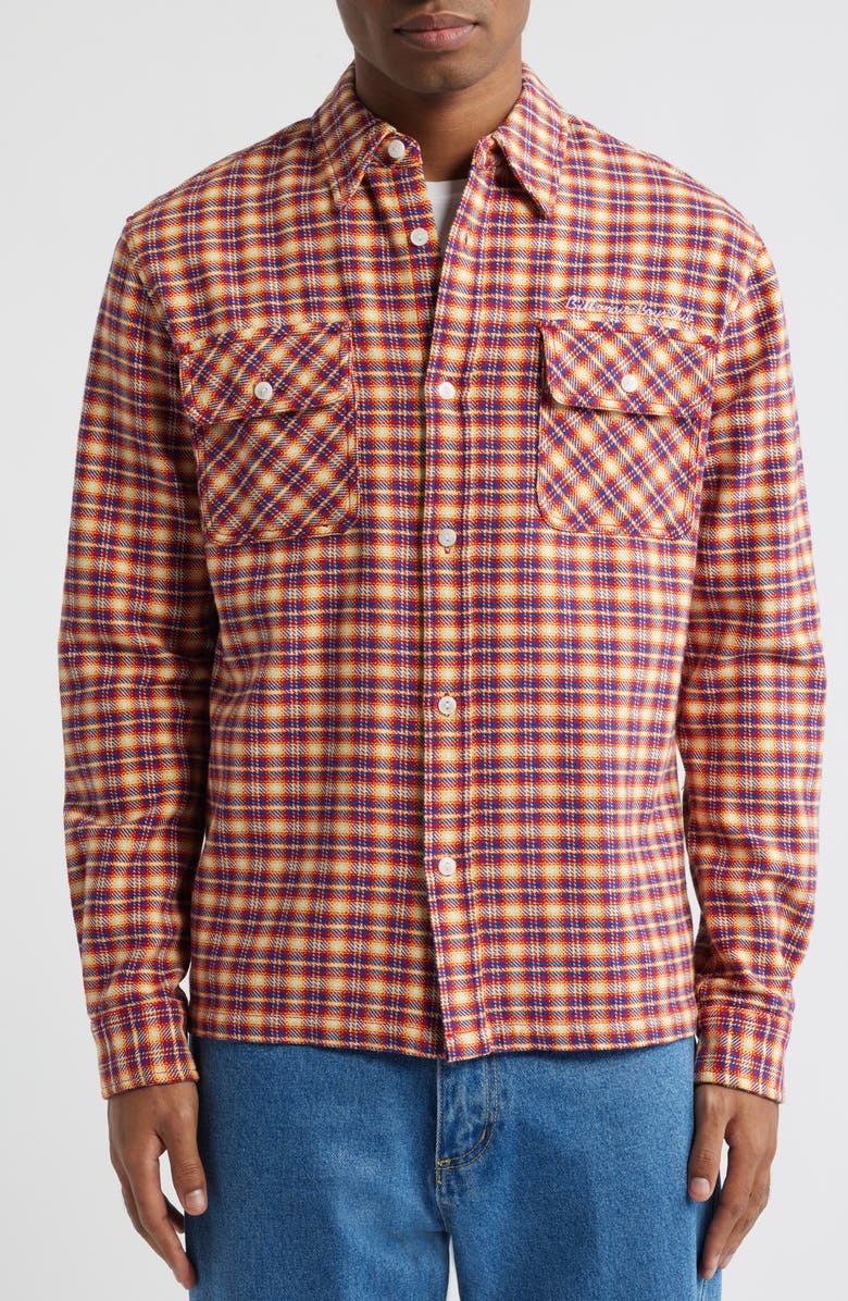 Billionaire Boys Club Skyline Embroidered Plaid Button-Up Shirt, Alternate, color, Red