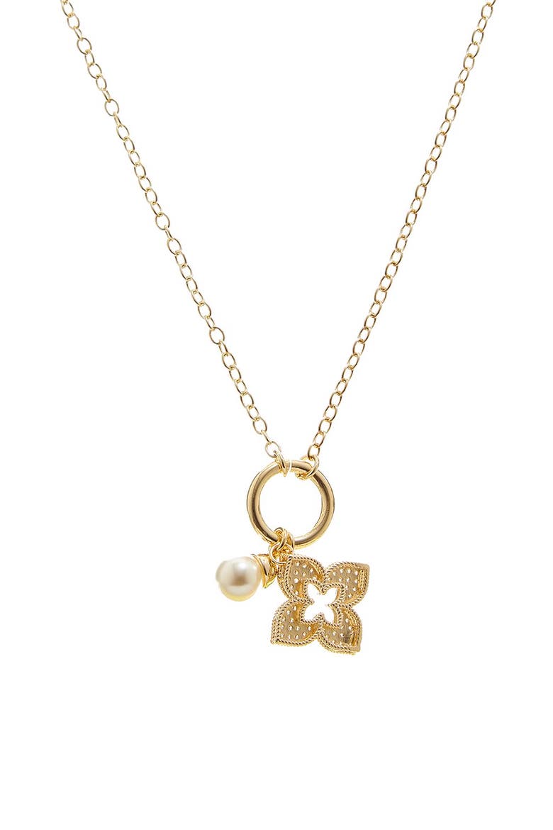 Cultured Pearl & Open Clover Pendant Necklace, Main, color, GOLD