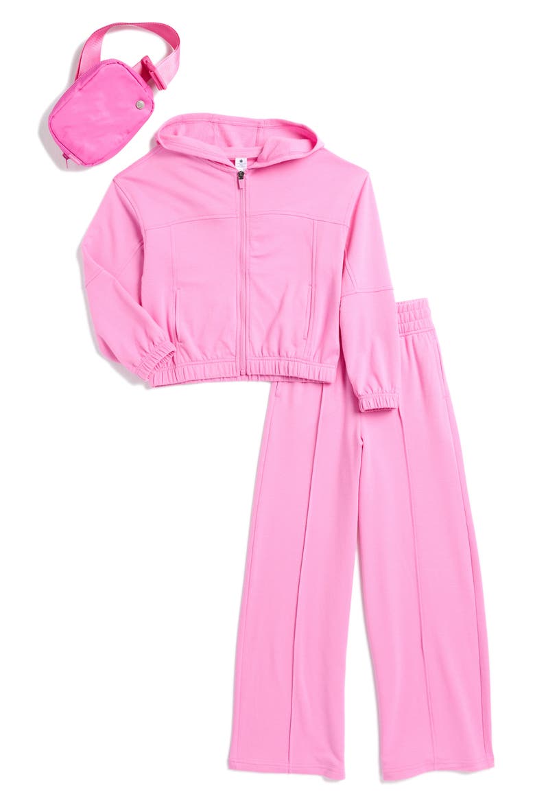 Kids' Brushed French Terry Zip Hoodie, Pants & Belt Bag Set, Main, color, FUCHSIA PINK/ SUPER PINK