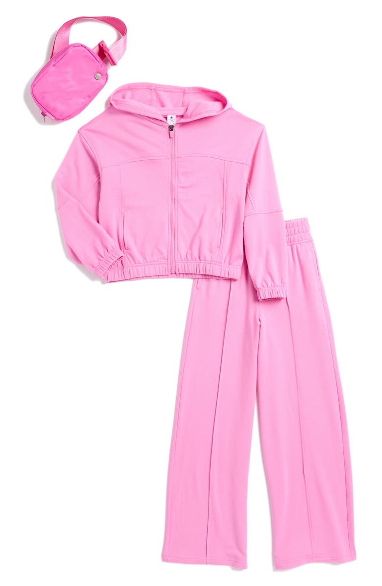 YOGALICIOUS Kids' Brushed French Terry Zip Hoodie, Pants & Belt Bag Set, Main, color, Fuchsia Pink/ Super Pink