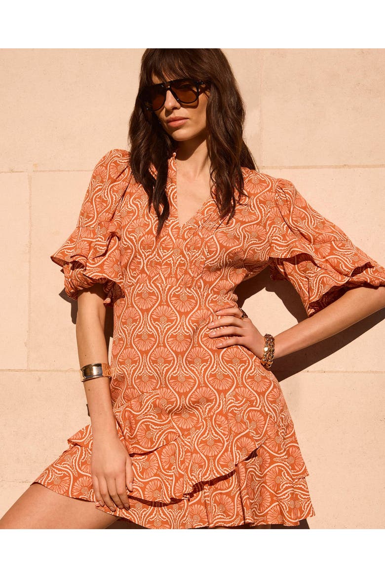 Printed Ruffle V-neck Mini Dress, Alternate, color, Orange