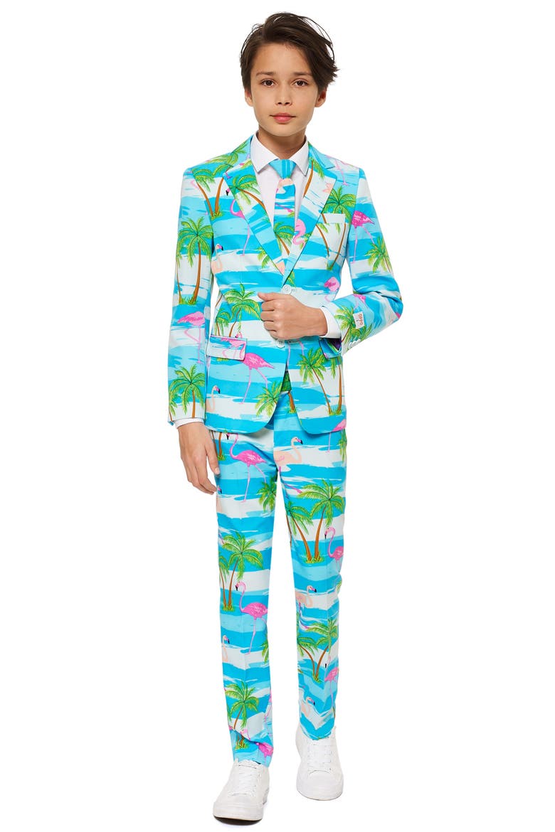 Flaminguy Two-Piece Suit with Tie, Main, color, BLUE/ GREEN