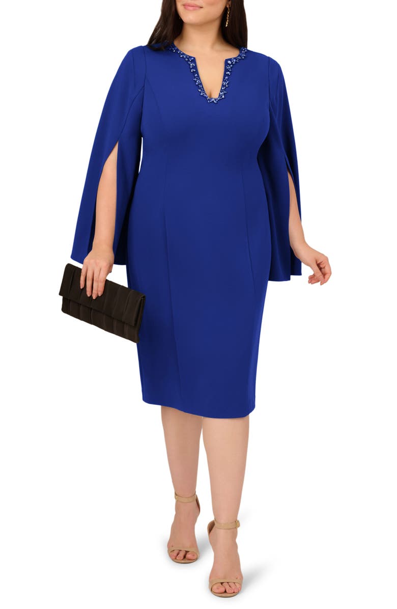 Adrianna Papell Jewel Cape Sleeve Crepe Sheath Dress, Main, color, Royal Sapphire