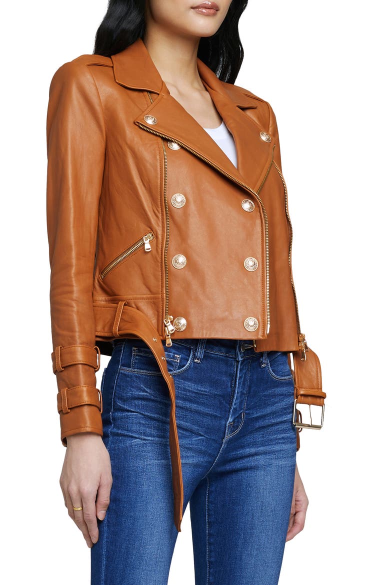 Billie Belted Leather Moto Jacket, Alternate, color, COGNAC