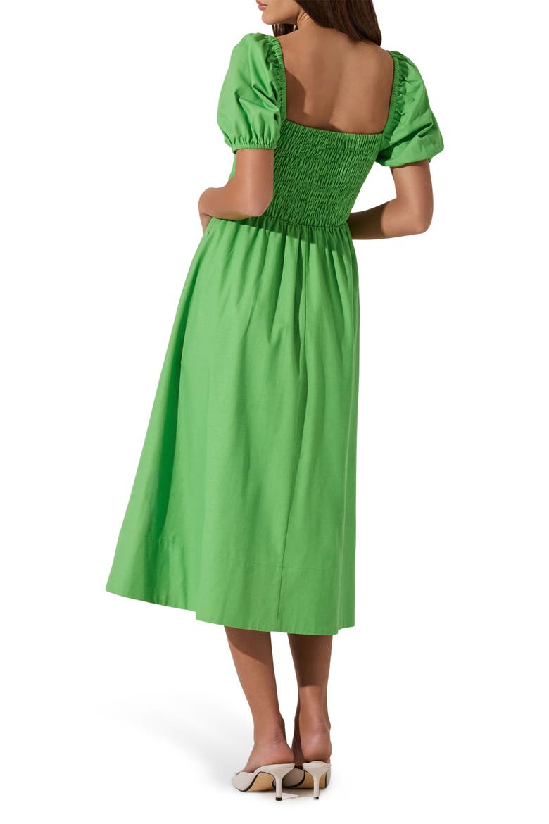 Bow Detail Smock Bodice Cotton Blend Dress, Alternate, color, GREEN