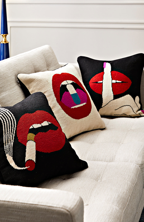 Jonathan Adler Lips Needlepoint Throw Pillow In Black