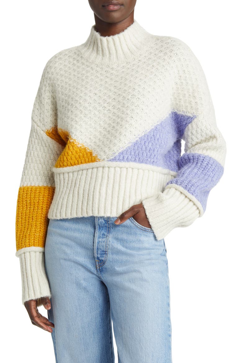 Bien Colorblock Recycled Polyester Blend Sweater, Main, color, BIRCH GOLDEN YELLOW