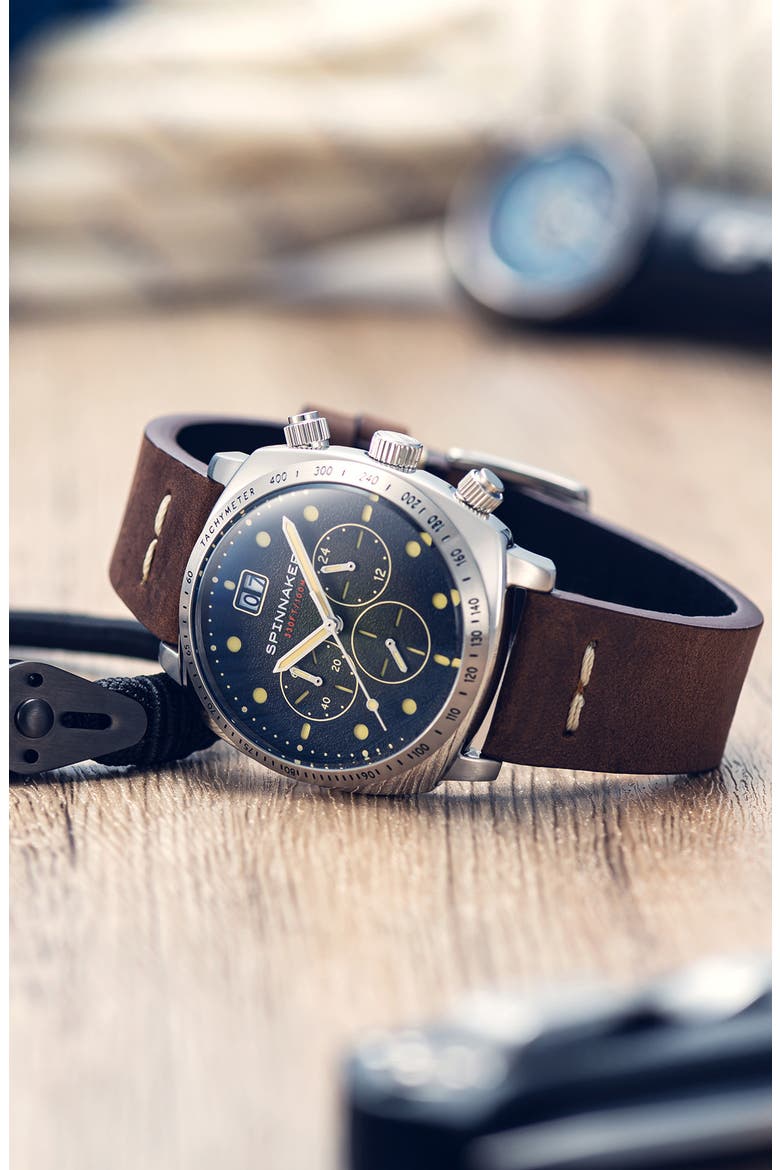 Hull Chronograph Leather Strap Watch, 42mm, Alternate, color, GREEN
