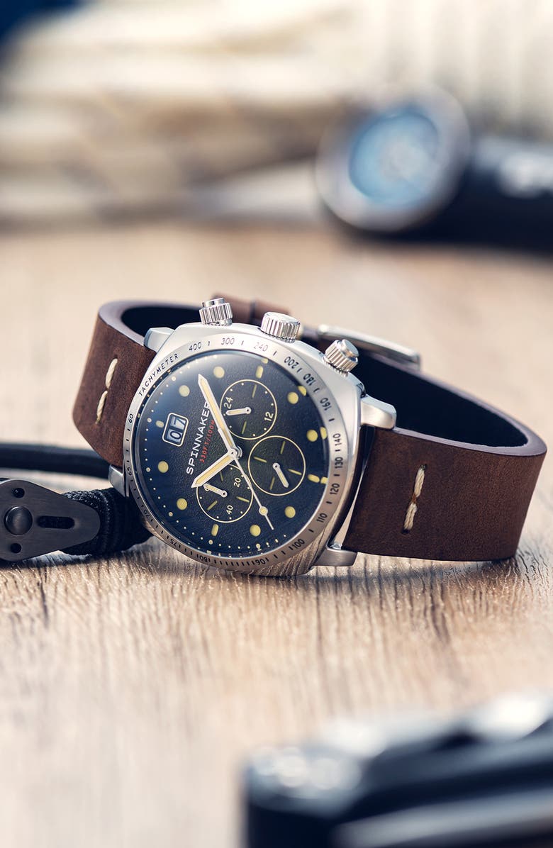 SPINNAKER Hull Chronograph Leather Strap Watch, 42mm, Alternate, color, Green