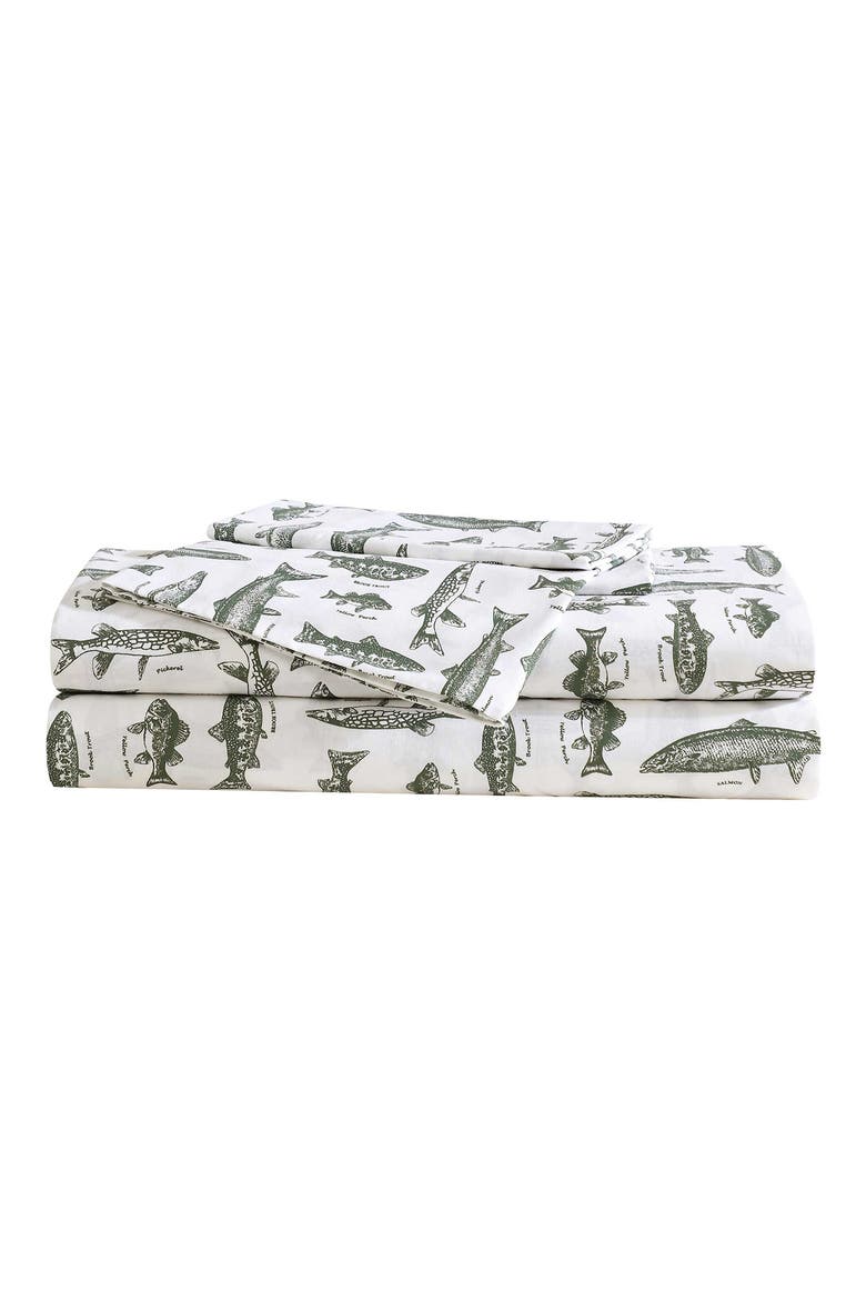 Wes Fish 200 Thread Count Cotton Percale Full Sheet Set, Main, color, GREEN