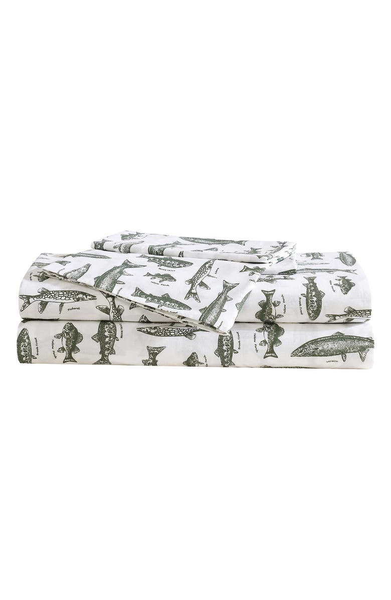 Eddie Bauer Wes Fish 200 Thread Count Cotton Percale Queen Sheet Set, Main, color, Green