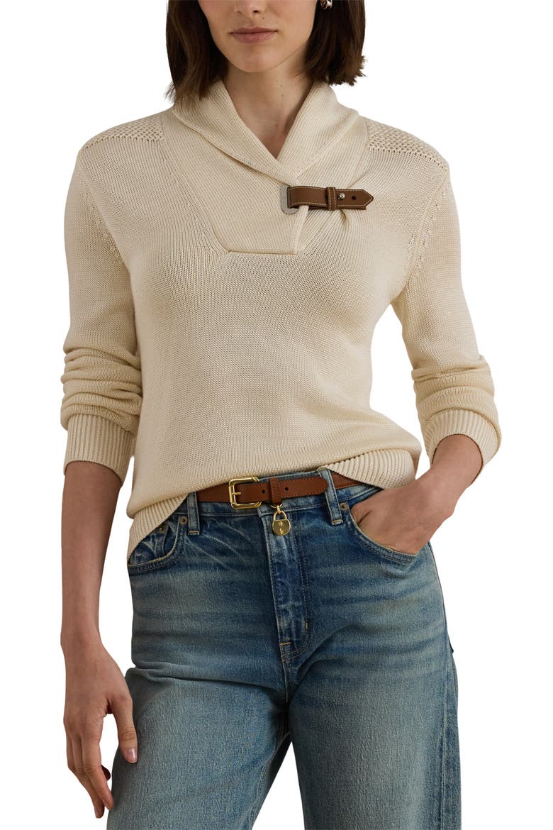 Buckle Shawl Collar Cotton Blend Sweater, Main, color, MASCARPONE CREAM