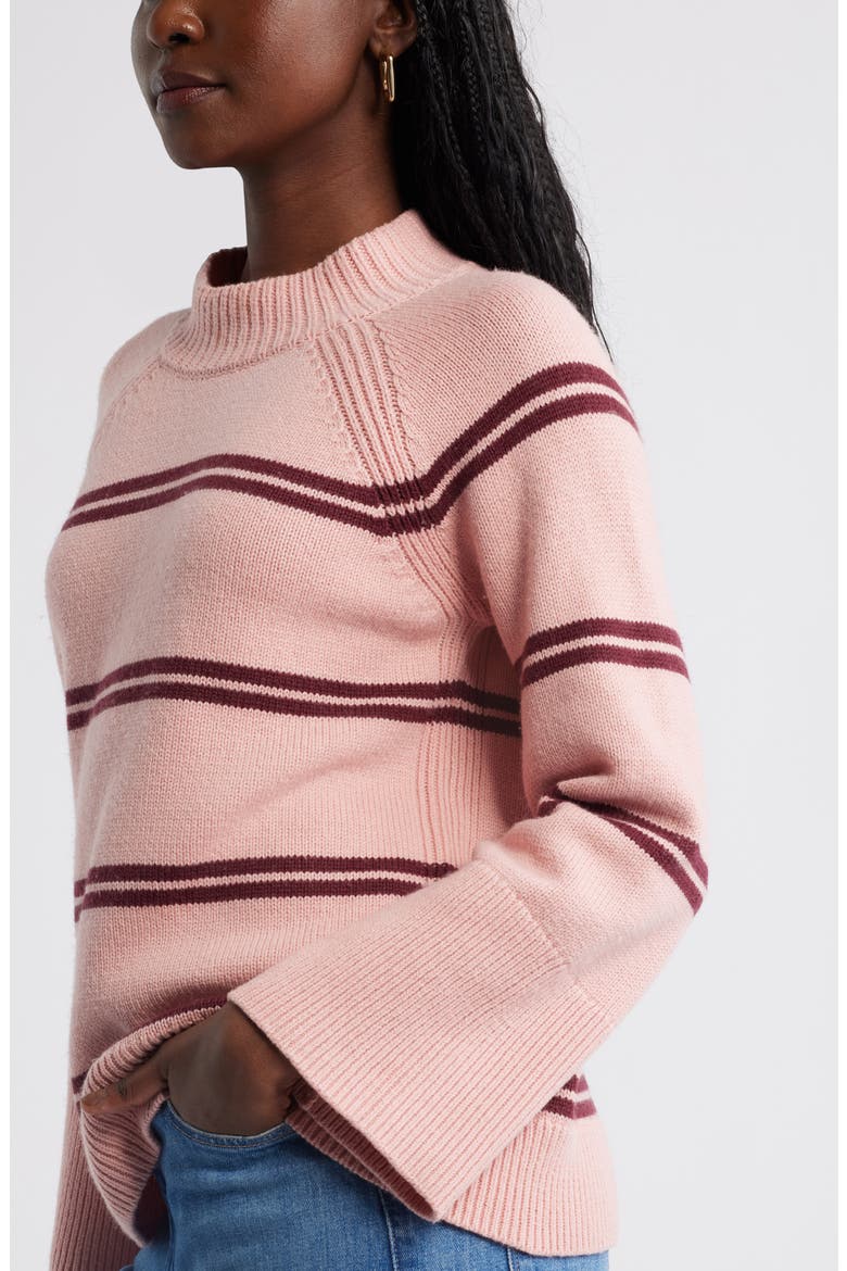 Bell Sleeve Mock Neck Merino Wool & Cotton Sweater, Alternate, color, PINK- TAN BURGUNDY DUO STRIPE