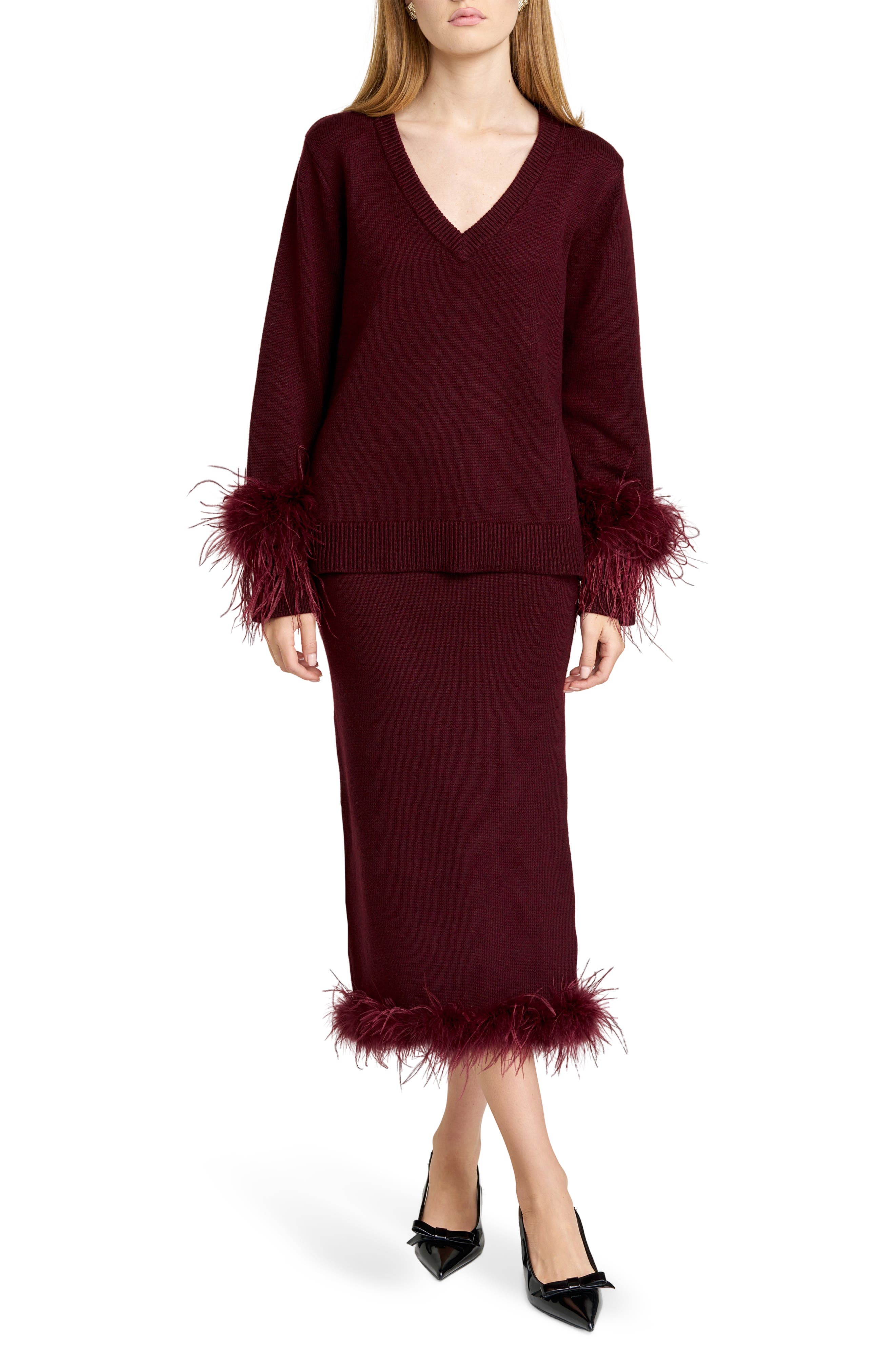 WAYF Bethany Feather Trim Knit Skirt