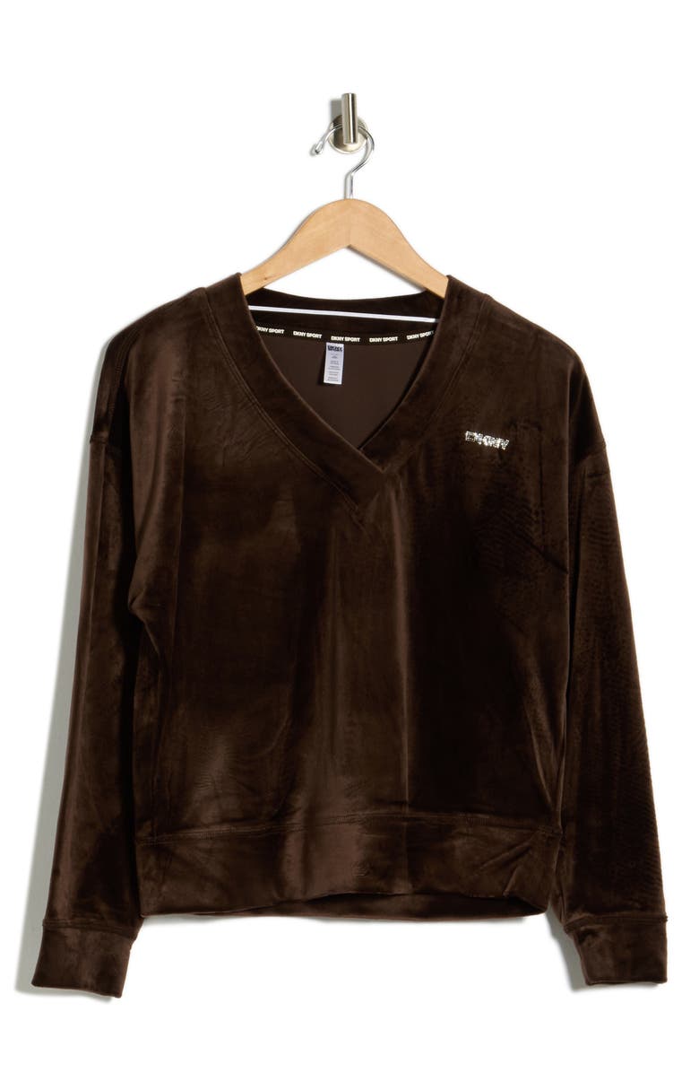 DKNY Mini Rhinestone Logo Velour Pullover, Alternate, color, Espresso