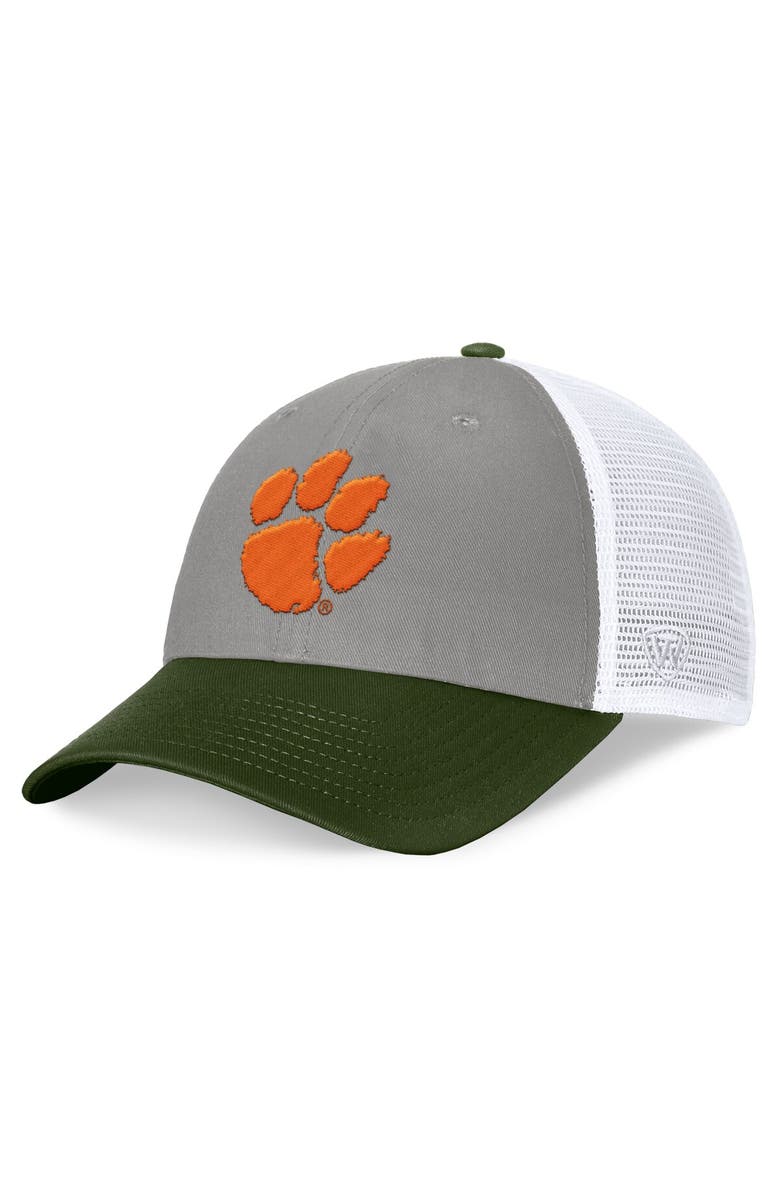 TOP OF THE WORLD Men's Top of the World Gray/Green Clemson Tigers OHT Military Appreciation Badge Trucker Adjustable Hat, Main, color, Gray