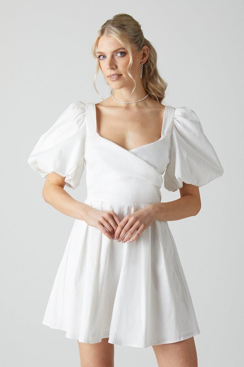 Puff Sleeve Mini Wedding Dress, Alternate, color, Ivory