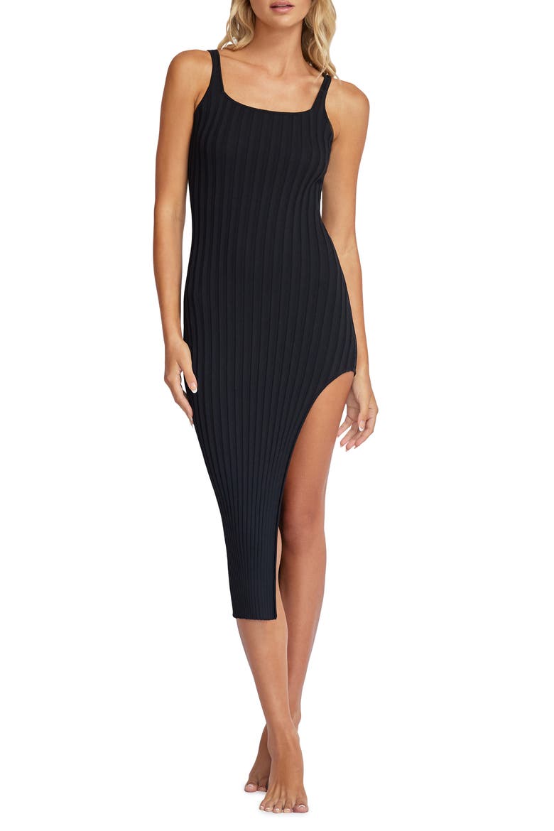 Piper Rib Slit Cover-Up Dress, Main, color, BLACK