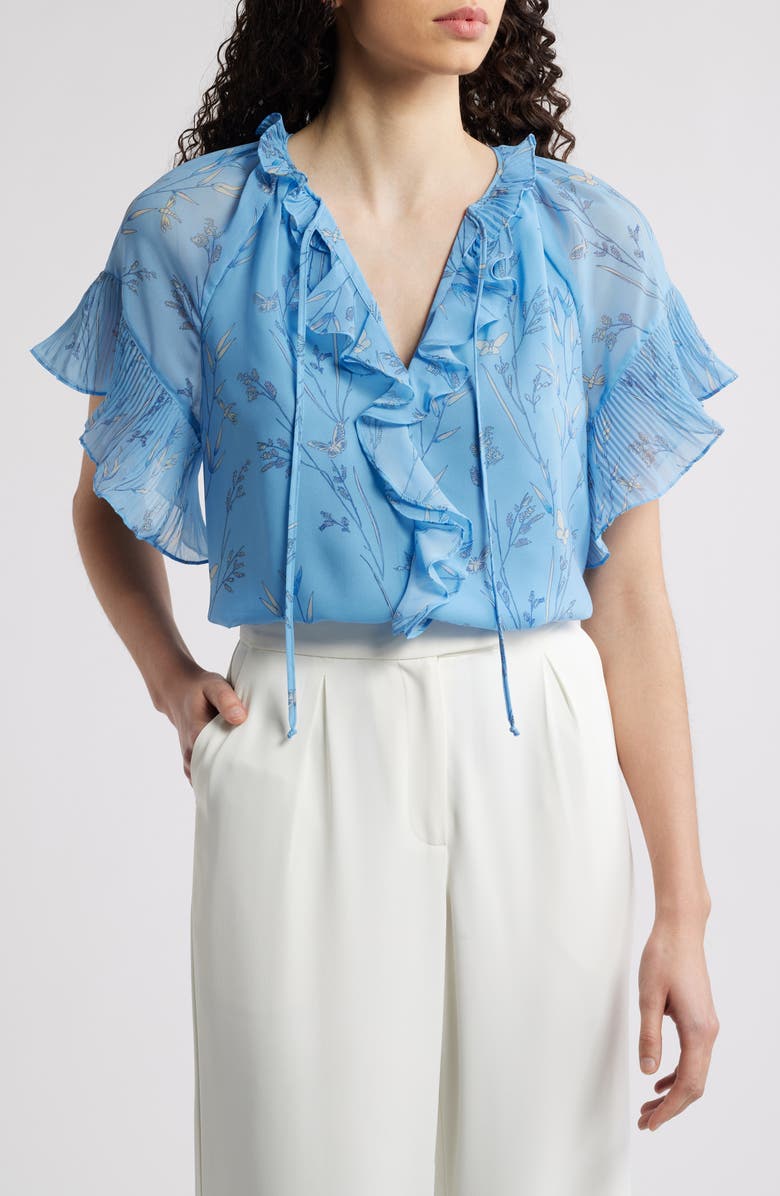 KOBI HALPERIN Plissé Ruffle Print Top, Main, color, Horizon Multi