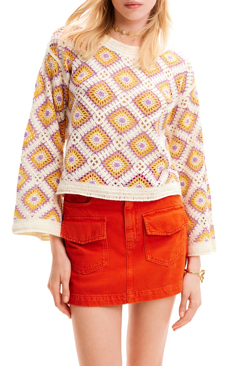 Multicolor Crochet Pullover, Main, color, WHITE
