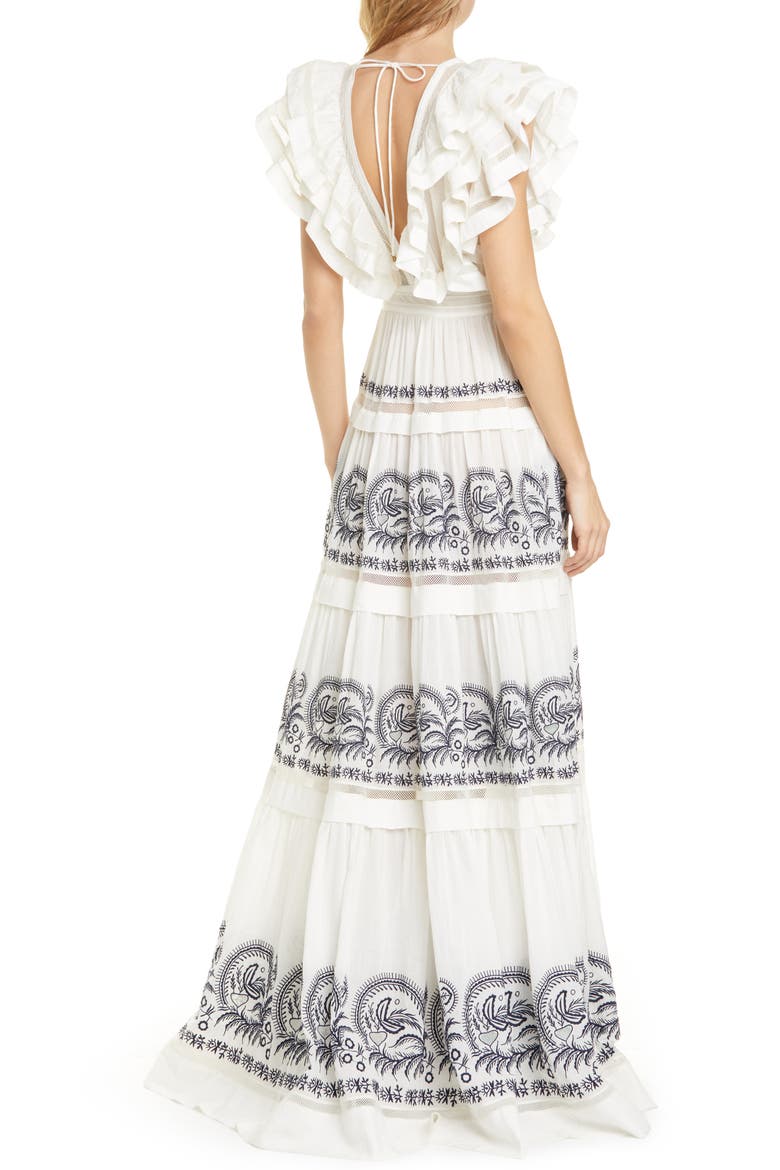 Marjorie Ruffle Embroidered Tier Cotton Maxi Dress, Alternate, color, BLANC